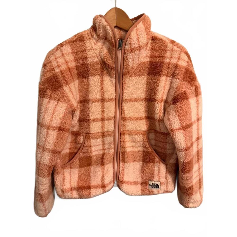 Girls Northface Pink Plaid Sherpa Fleece Jacket Large